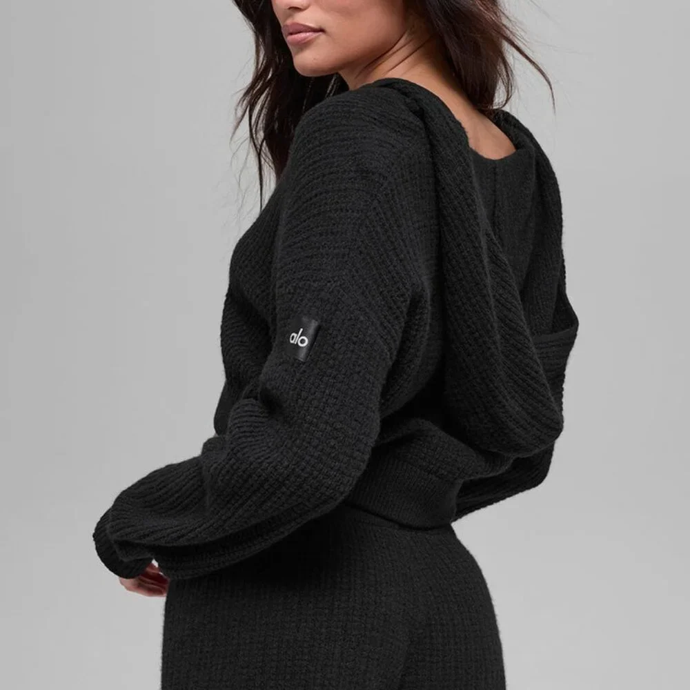 Alo Yoga Cashmere Plush Waffle Hoodie + Shorts SET - Black - Size Medium